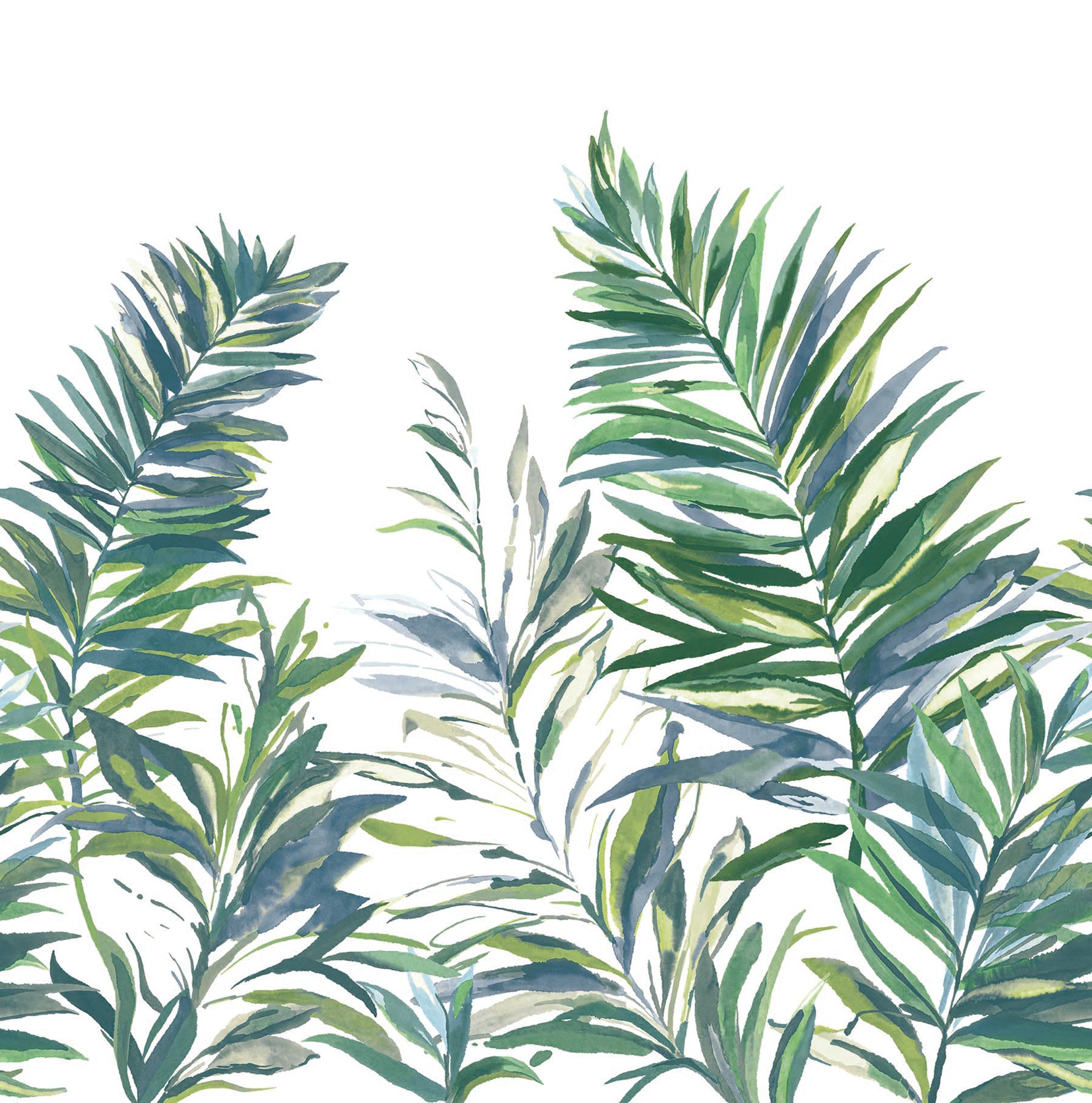 Watercolor palm fronds in greens and blue-greens on white background; tropical botanical wallpaper mural.