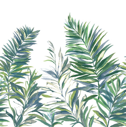 Watercolor palm fronds in greens and blue-greens on white background; tropical botanical wallpaper mural.