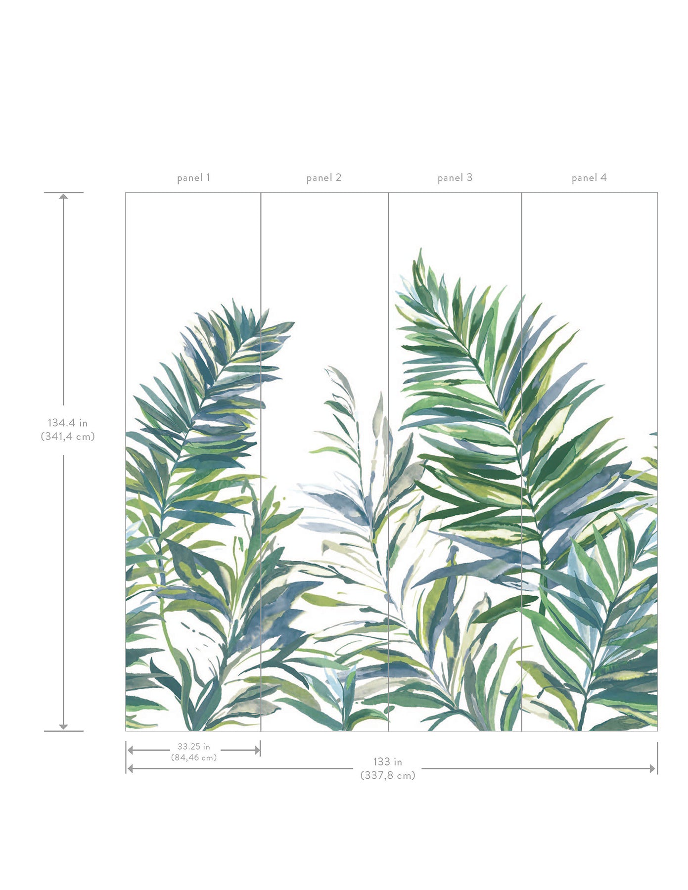 Four-panel tropical palm leaf wall mural in green-blue tones with panel layout and 133 in wide by 134 in high dimensions.