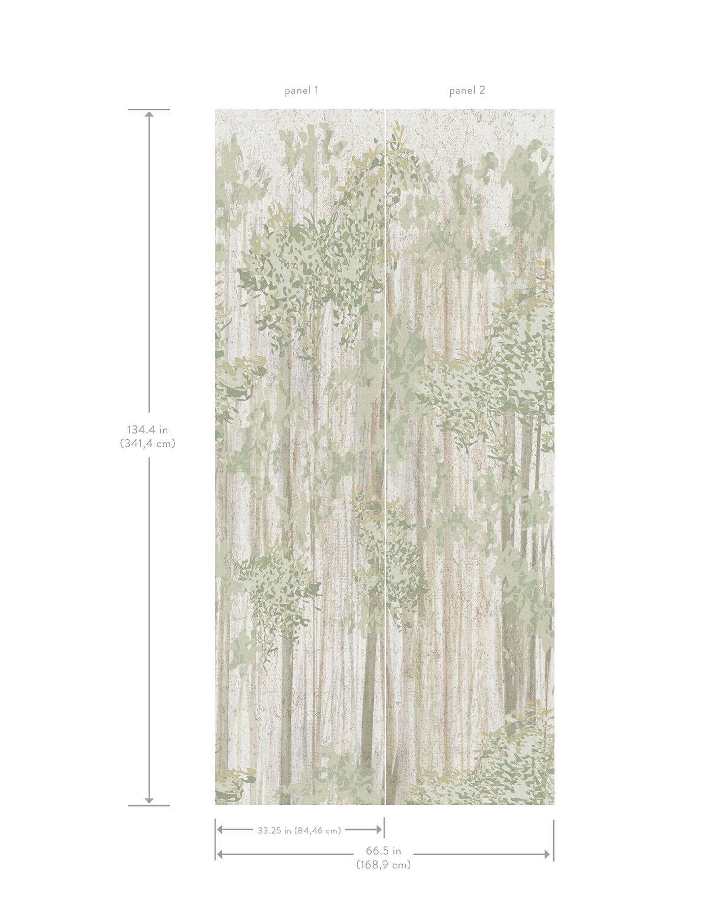 Two tall forest wallpaper panels in muted greens and beige; 134.4 in high, 33.25 in wide each (66.5 in total). GN2606M