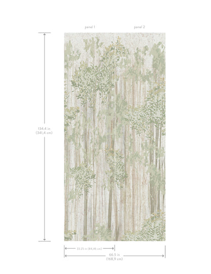 Two tall forest wallpaper panels in muted greens and beige; 134.4 in high, 33.25 in wide each (66.5 in total). GN2606M
