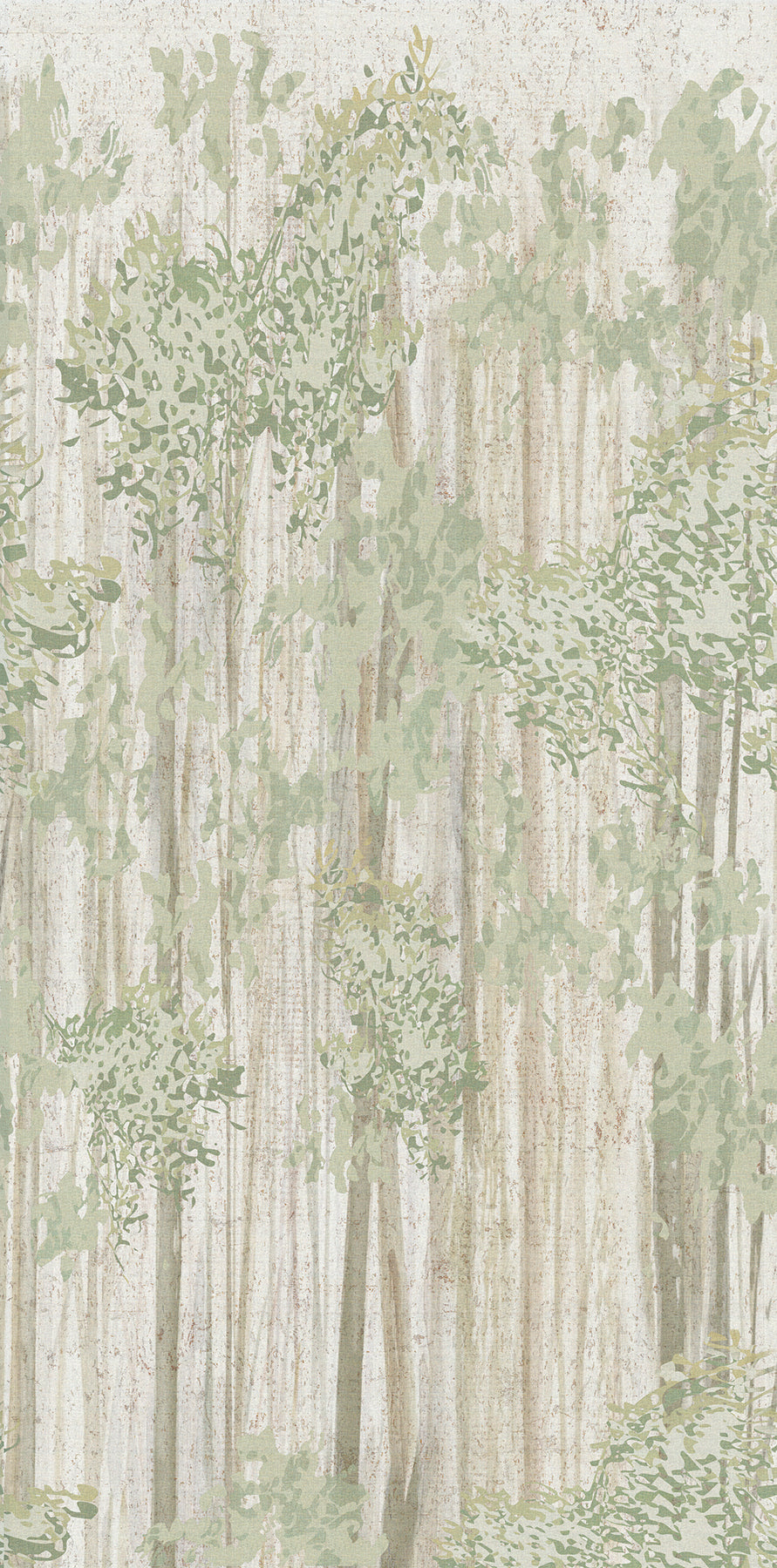 Forest wallpaper featuring tall beige tree trunks and sage green foliage in a subtle vertical pattern.