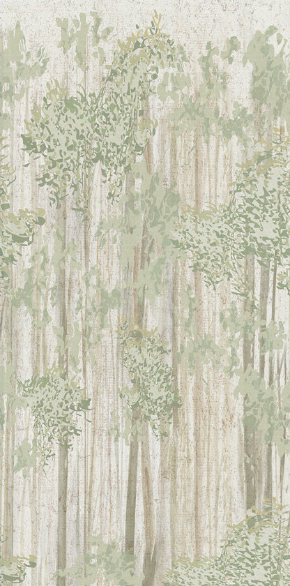 Forest wallpaper featuring tall beige tree trunks and sage green foliage in a subtle vertical pattern.