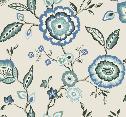 York Wallcoverings Earthy Tones Dahlia Blooms Blue and White Wallpaper  Florals and Flowers Whites and Off-Whites   - GO8231