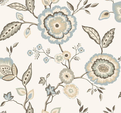 York Wallcoverings Greenhouse Dahlia Blooms Off White and Blue Wallpaper  Florals and Flowers Whites and Off-Whites   - GO8234