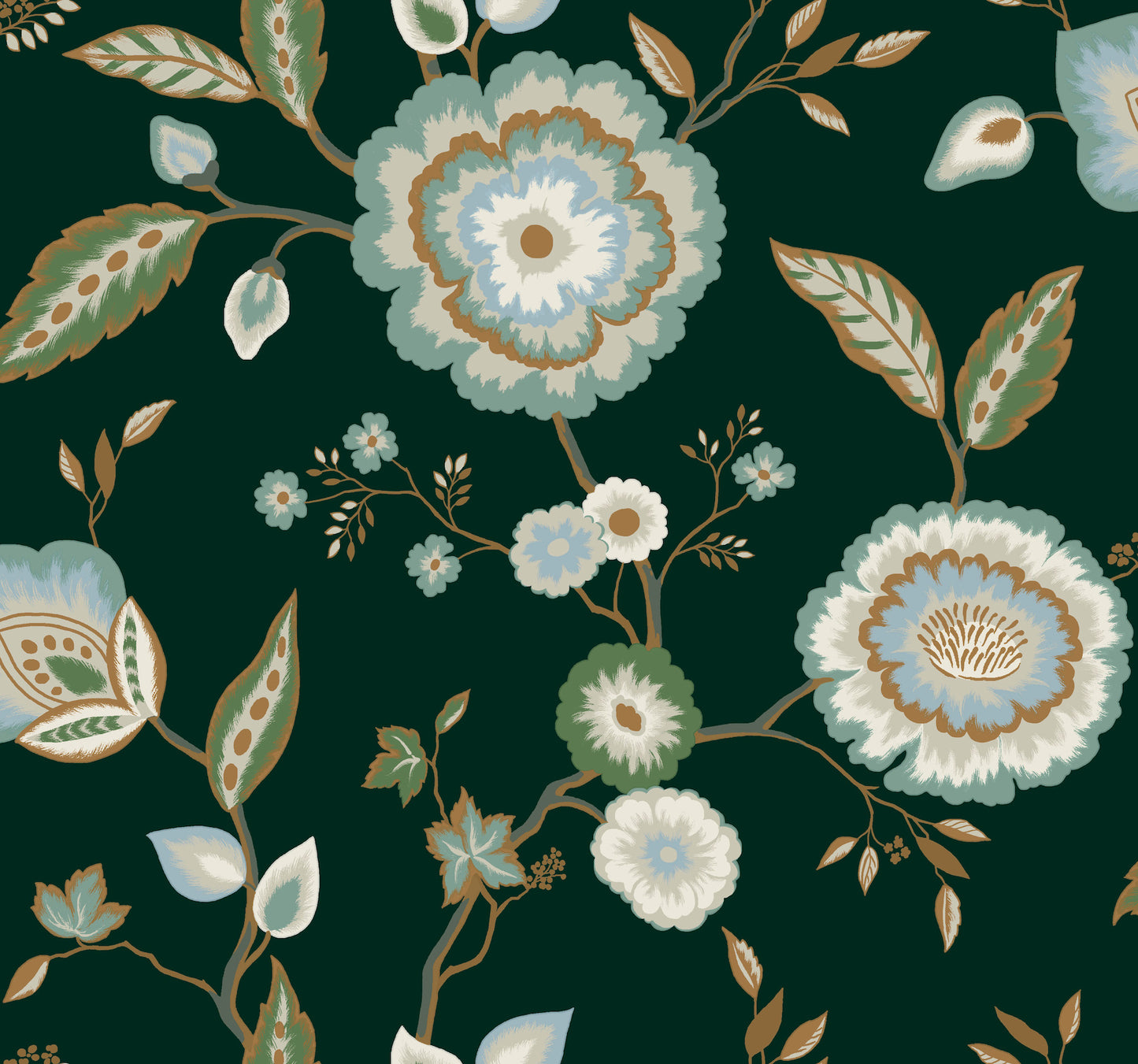 York Wallcoverings Blues II Dahlia Blooms Green and Blue Metallic Wallpaper  Florals and Flowers Metallics   - GO8236