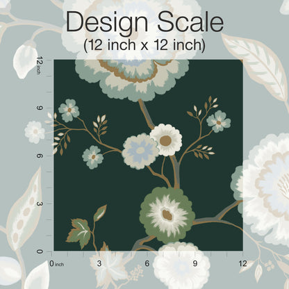 York Wallcoverings Blues II Dahlia Blooms Green and Blue Metallic Wallpaper  Florals and Flowers Metallics   - GO8236