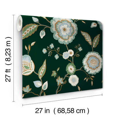 York Wallcoverings Blues II Dahlia Blooms Green and Blue Metallic Wallpaper  Florals and Flowers Metallics   - GO8236