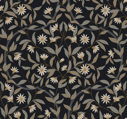 York Wallcoverings Black and White, III Jasmine Black Metallic Wallpaper  Florals and Flowers Blacks   - GO8257