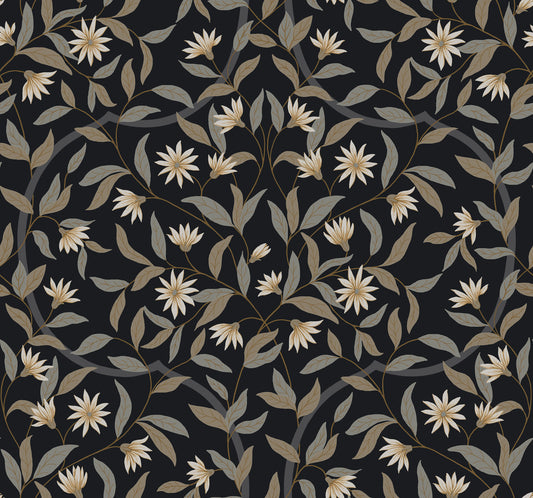 York Wallcoverings Black and White, III Jasmine Black Metallic Wallpaper  Florals and Flowers Blacks   - GO8257