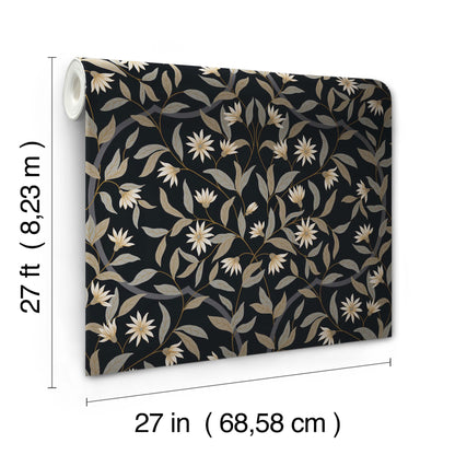 York Wallcoverings Black and White, III Jasmine Black Metallic Wallpaper  Florals and Flowers Blacks   - GO8257
