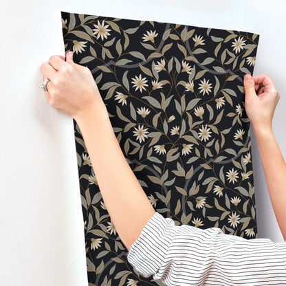 York Wallcoverings Black and White, III Jasmine Black Metallic Wallpaper  Florals and Flowers Blacks   - GO8257