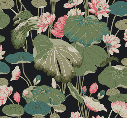 York Wallcoverings Greenhouse Lotus Pond Black and Pink Wallpaper  Botanical Multicolor   - GO8292