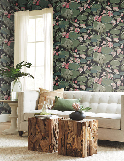 York Wallcoverings Greenhouse Lotus Pond Black and Pink Wallpaper  Botanical Multicolor   - GO8292