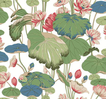 York Wallcoverings Greenhouse Lotus Pond Green and Pink Wallpaper  Botanical Multicolor   - GO8293