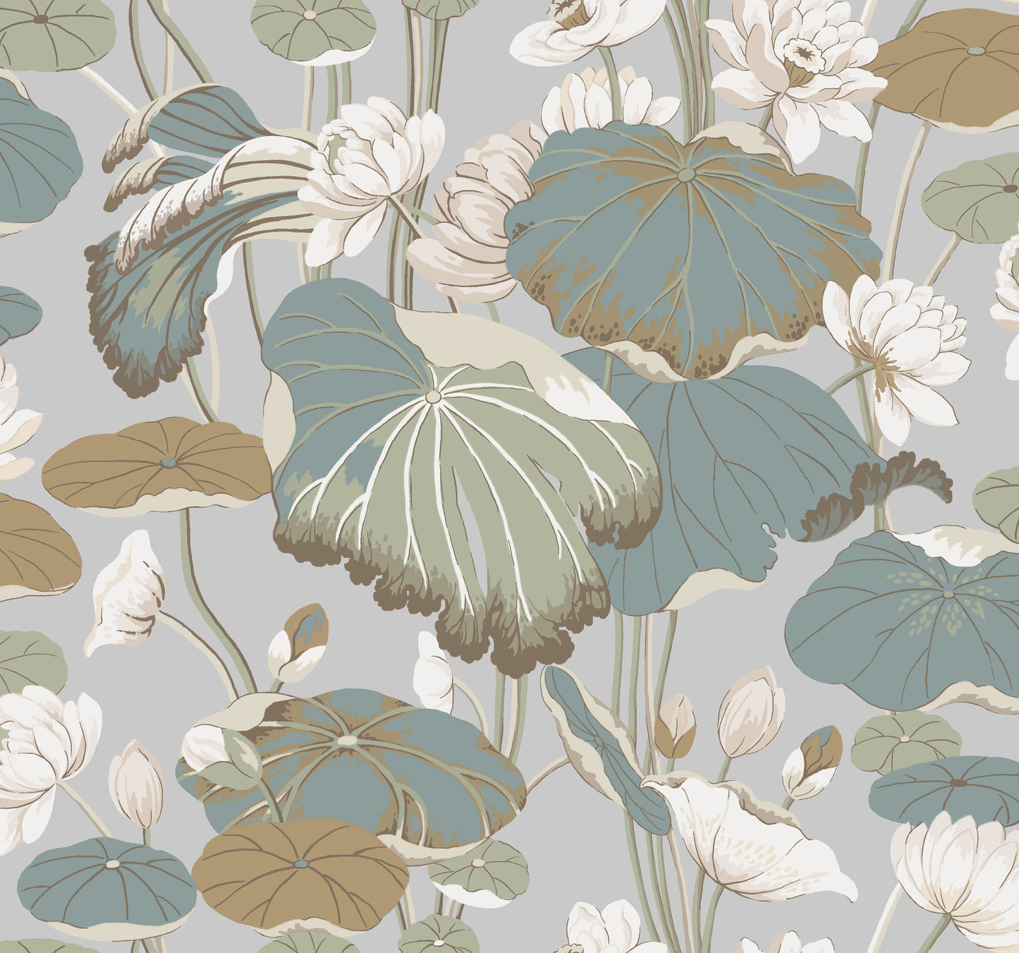 York Wallcoverings Artistic Abstracts Lotus Pond Grey and Blue Wallpaper  Botanical Multicolor   - GO8294