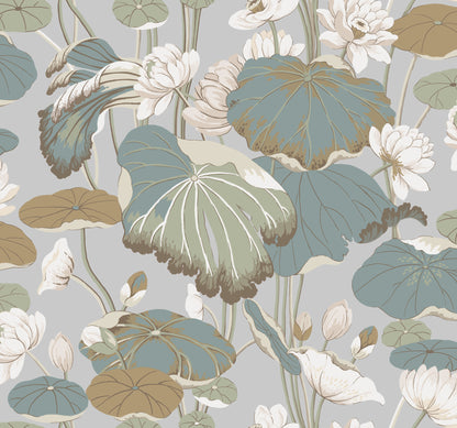 York Wallcoverings Artistic Abstracts Lotus Pond Grey and Blue Wallpaper  Botanical Multicolor   - GO8294
