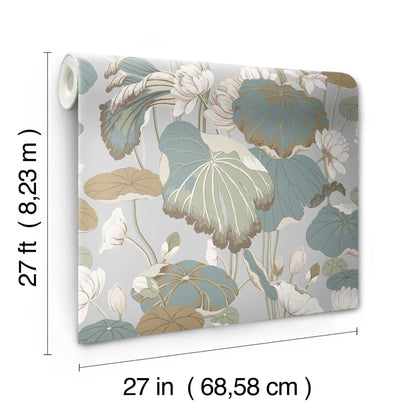 York Wallcoverings Artistic Abstracts Lotus Pond Grey and Blue Wallpaper  Botanical Multicolor   - GO8294