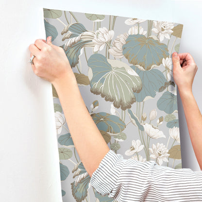 York Wallcoverings Artistic Abstracts Lotus Pond Grey and Blue Wallpaper  Botanical Multicolor   - GO8294