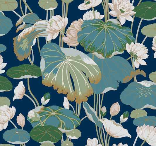 York Wallcoverings Artistic Abstracts Lotus Pond Navy Metallic Wallpaper  Botanical Metallics   - GO8295