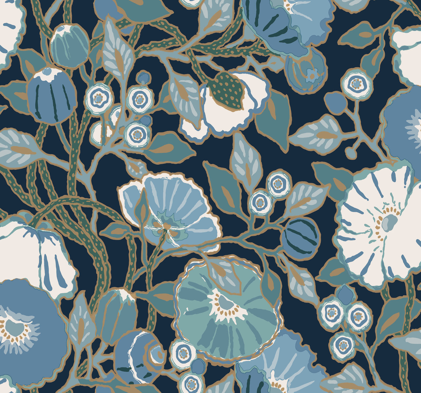York Wallcoverings Earthy Tones Poppies Black and Blue Metallic Wallpaper  Florals and Flowers Metallics   - GO8312