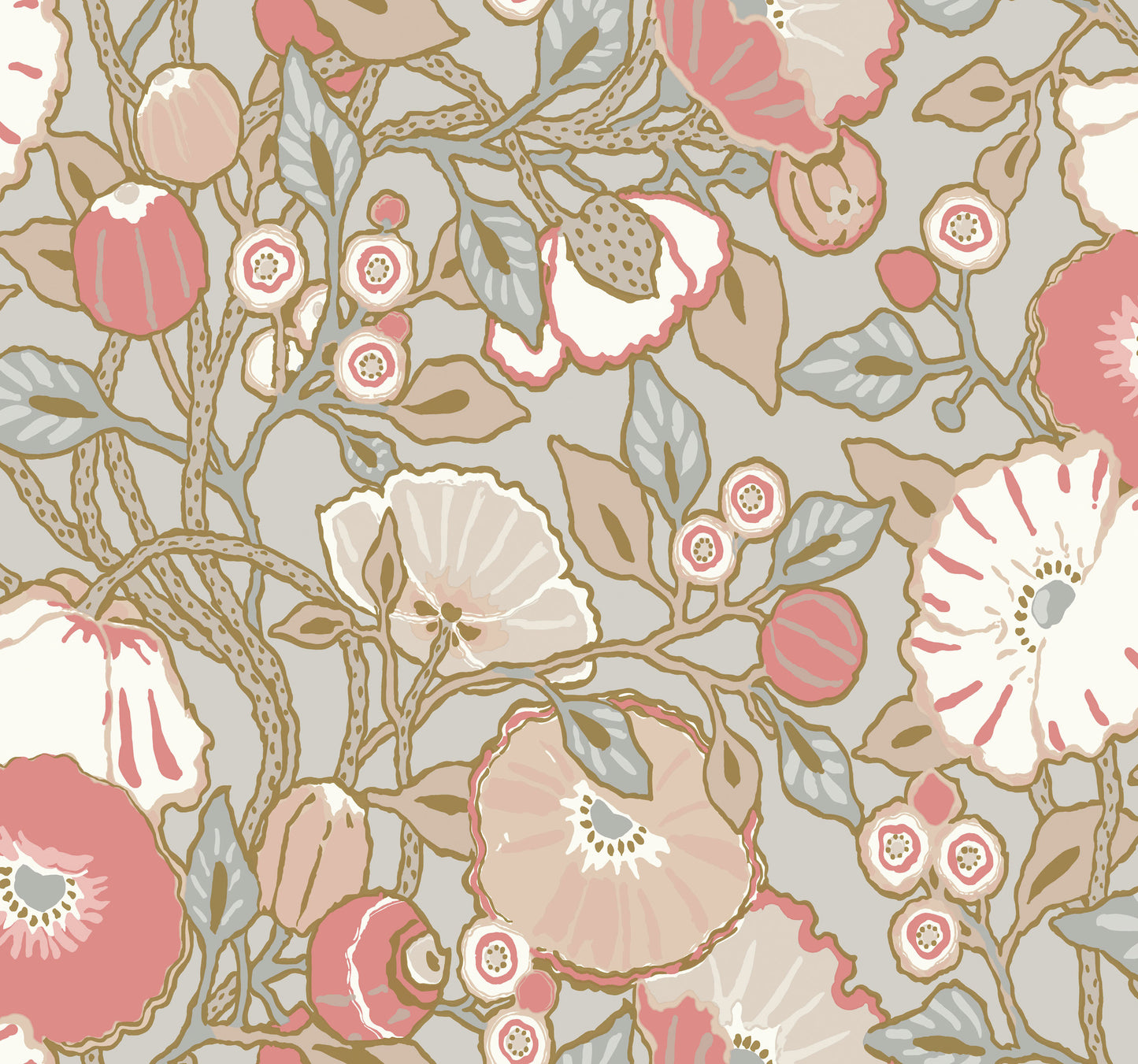 York Wallcoverings Beige and Neutrals Poppies Grey and Pink Metallic Wallpaper  Florals and Flowers Metallics   - GO8314