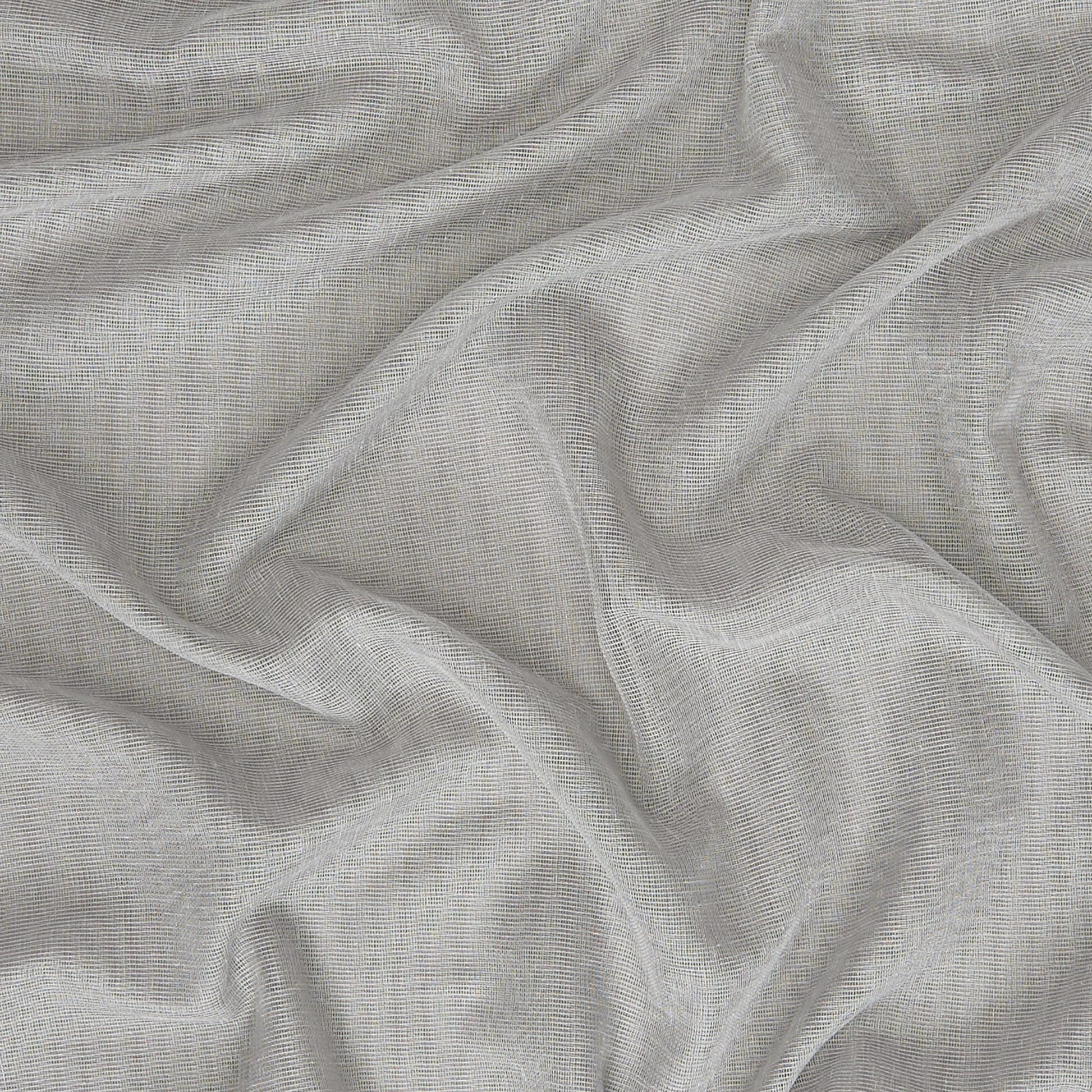 Soft gray, sheer linen-like fabric with a fine weave and flowing drape for curtains or scarves.