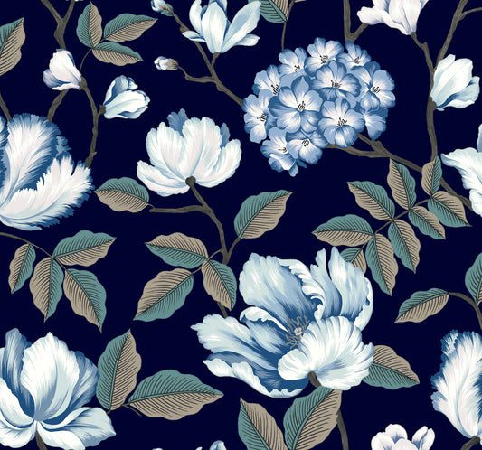 York Wallcoverings Grandmillennial Morning Garden Navy Wallpaper  Florals and Flowers Blues   - GR5902