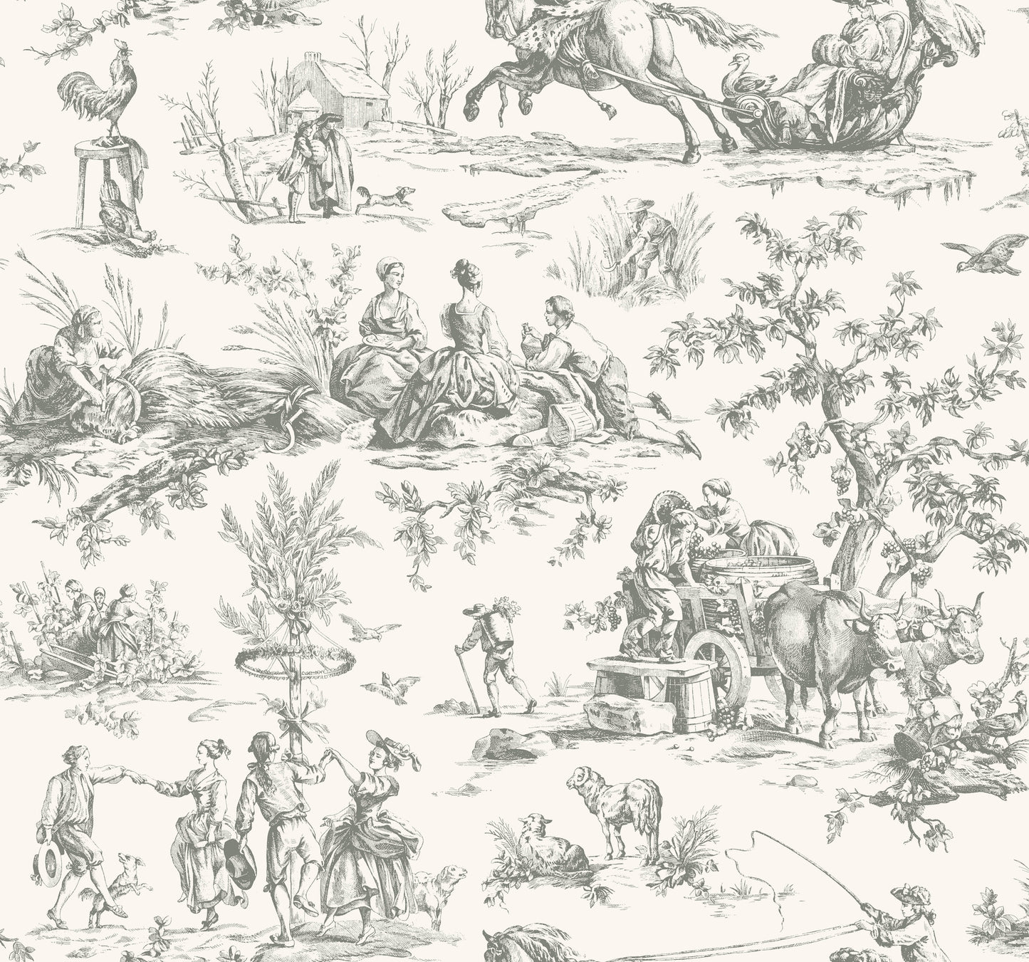 York Wallcoverings Earthy Tones Seasons Toile Grey Wallpaper Traditional Toile Greys   - GR5922