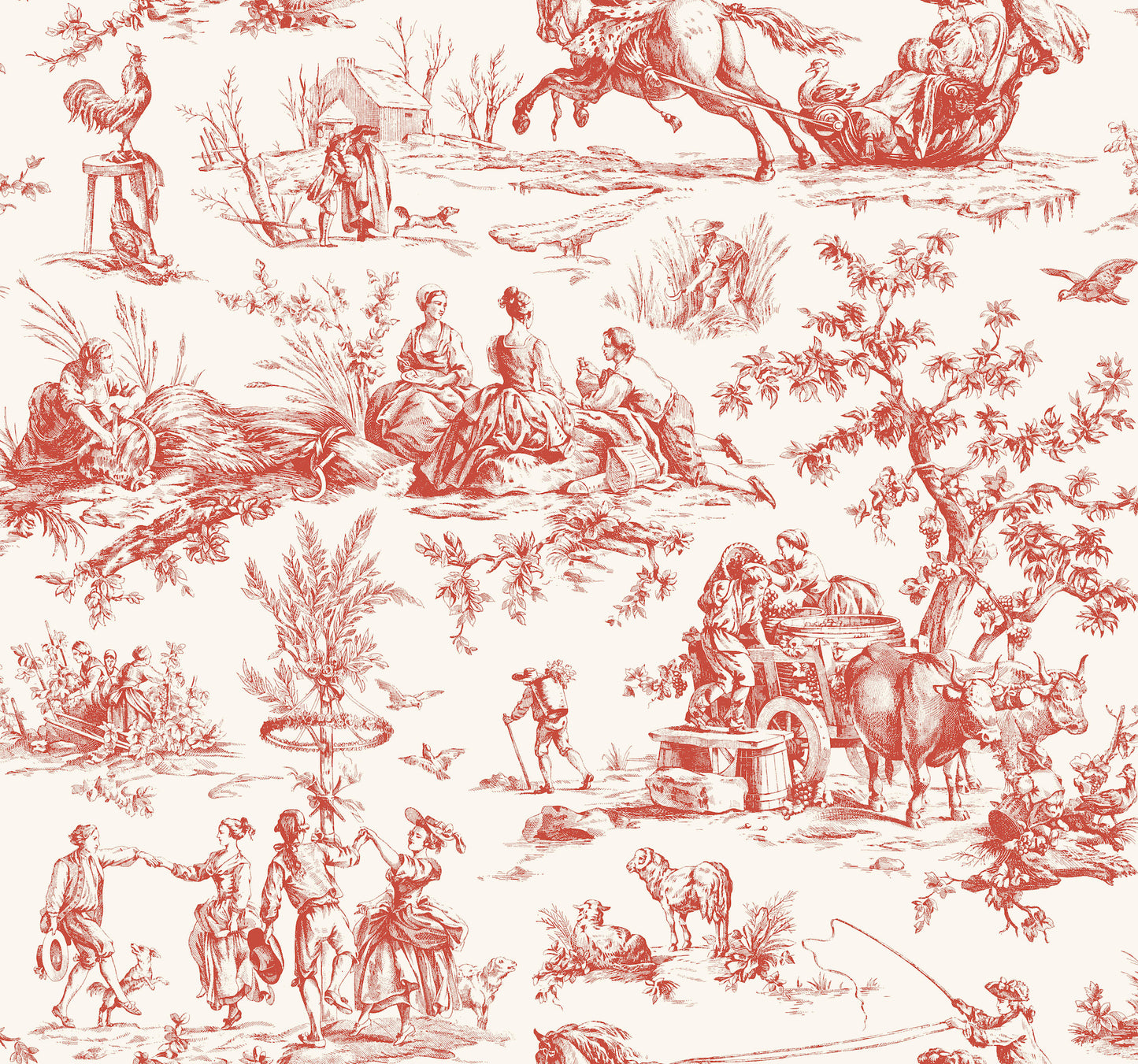 York Wallcoverings Grandmillennial Seasons Toile Scarlet Wallpaper Traditional Toile Reds   - GR5925
