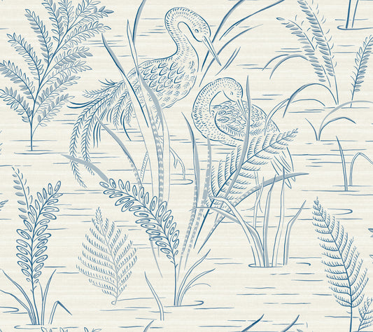 York Wallcoverings Grandmillennial Fernwater Cranes Blue Wallpaper  Bohemian Blues   - GR5954