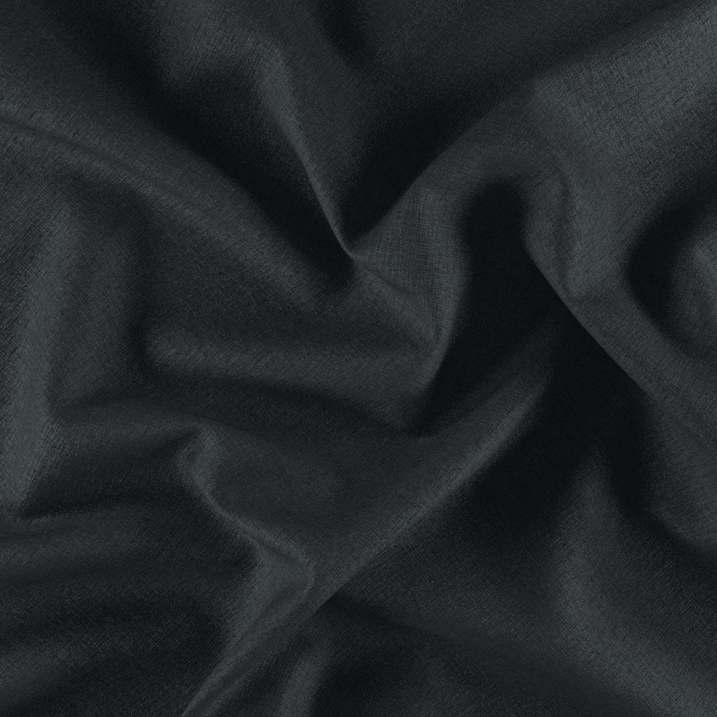 Charcoal black chenille fabric close-up with soft folds & subtle texture, ideal for apparel