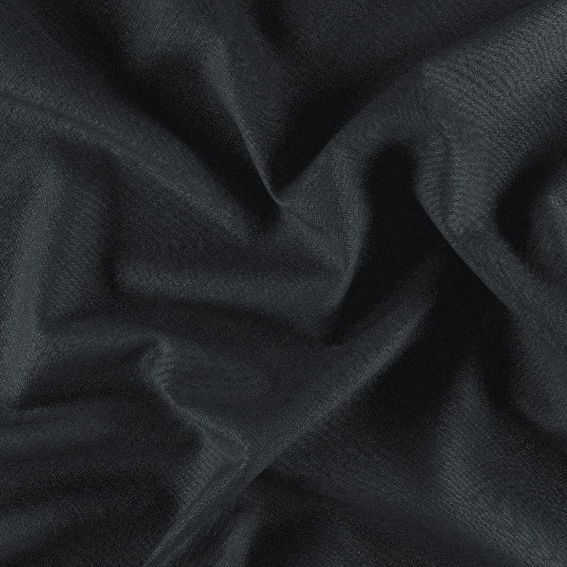 Charcoal black chenille fabric close-up with soft folds & subtle texture, ideal for apparel