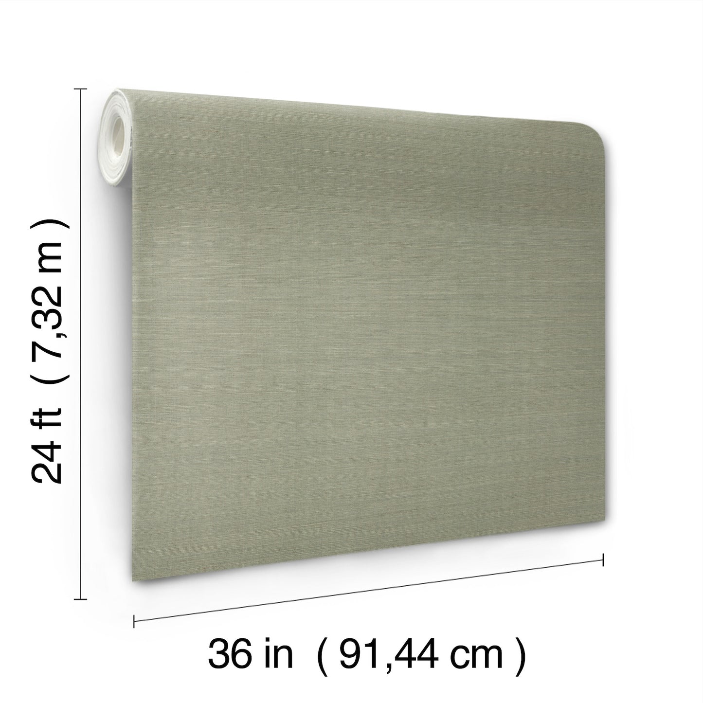 Beige linen-like wallpaper roll with textured weave, 36 in wide by 24 ft long.