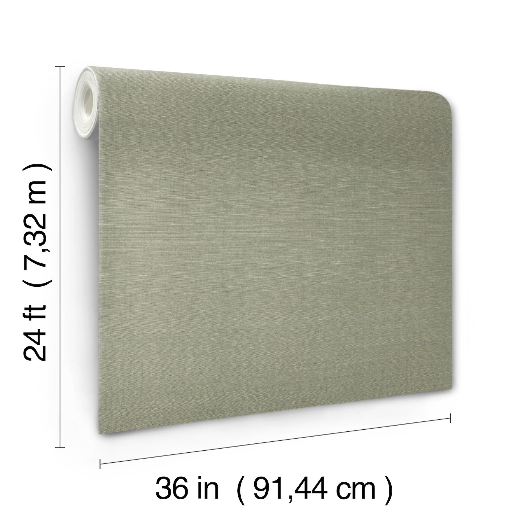 Beige linen-like wallpaper roll with textured weave, 36 in wide by 24 ft long.