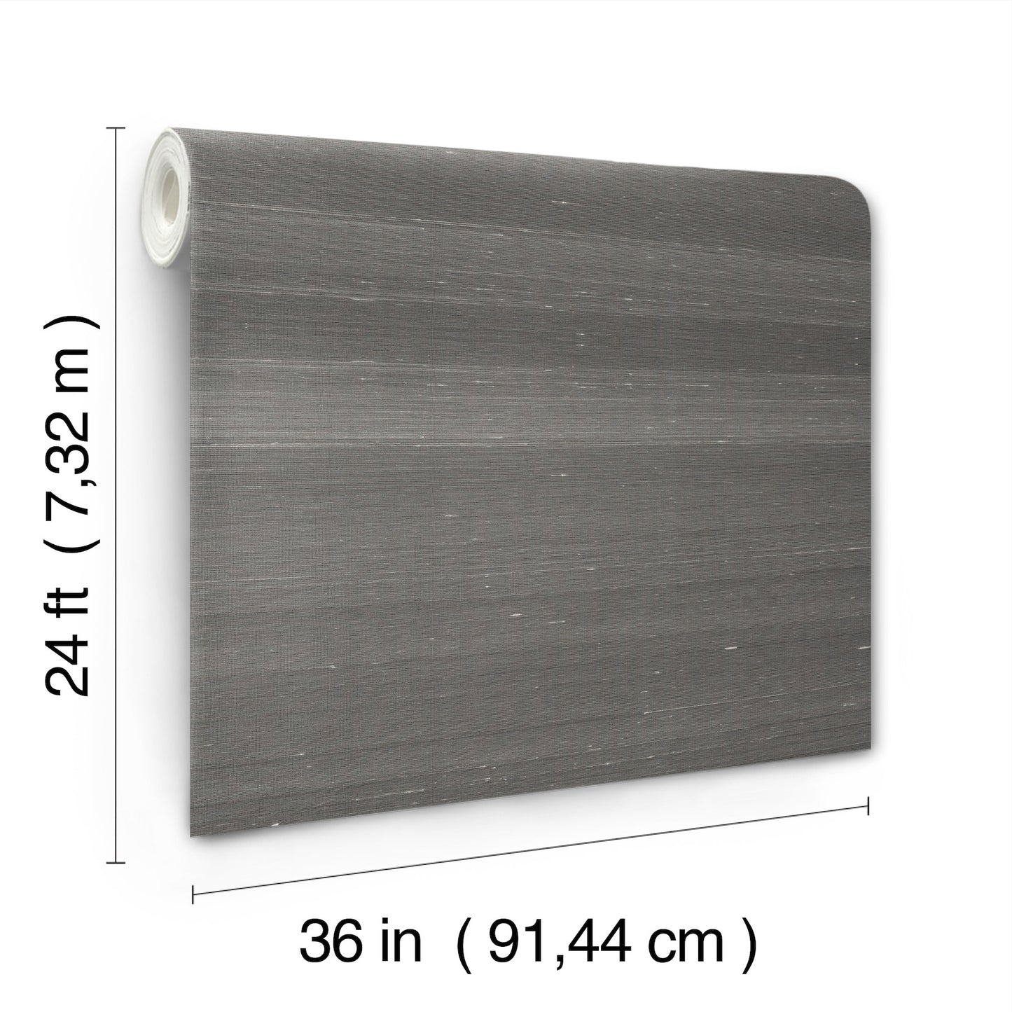 Dark gray brushed-texture wallpaper roll, 36 in wide & 24 ft long, core visible.