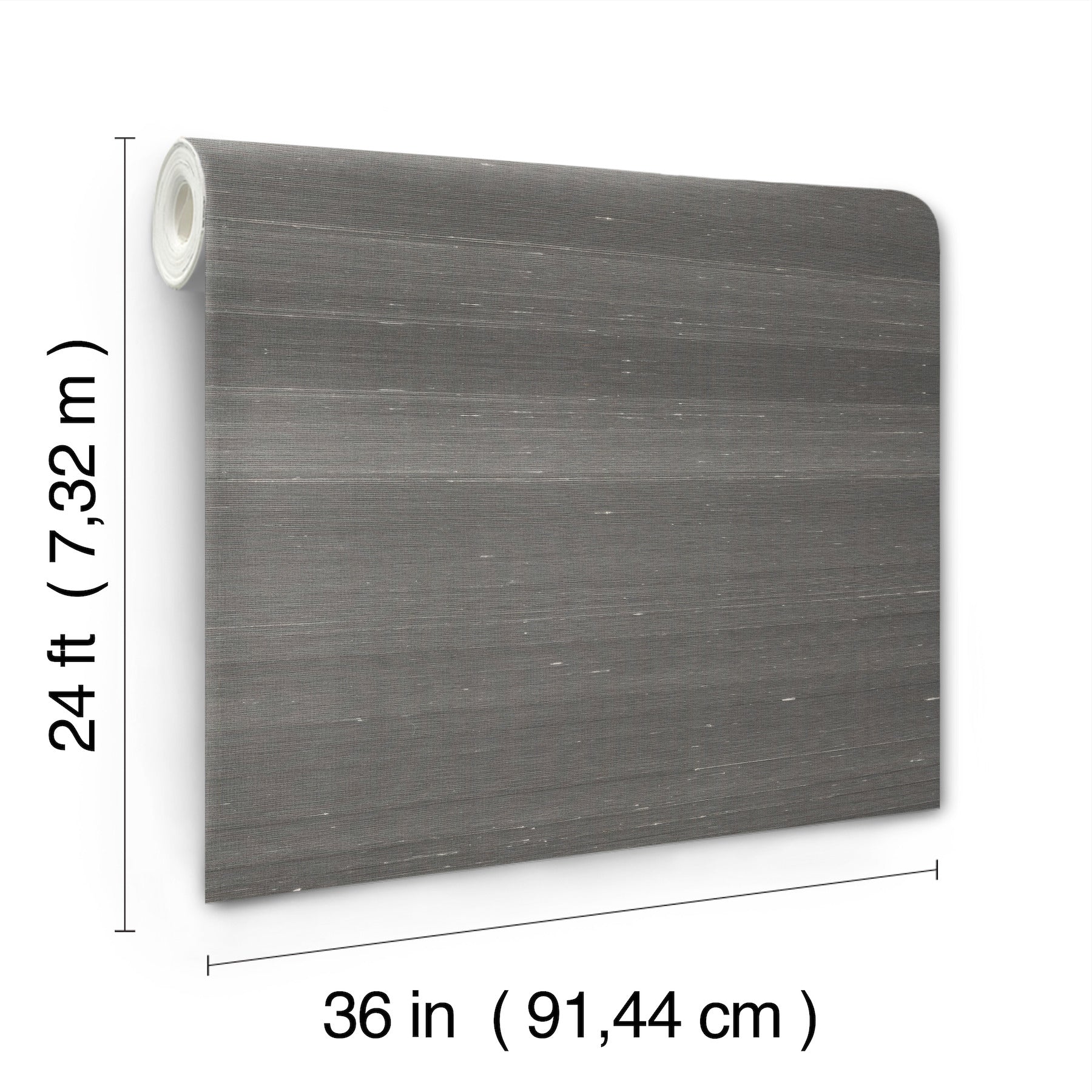 Dark gray brushed-texture wallpaper roll, 36 in wide & 24 ft long, core visible.