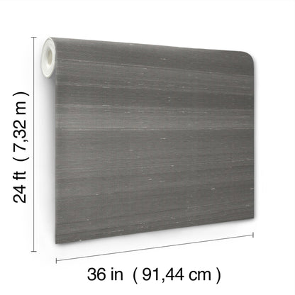 Dark gray brushed-texture wallpaper roll, 36 in wide & 24 ft long, core visible.