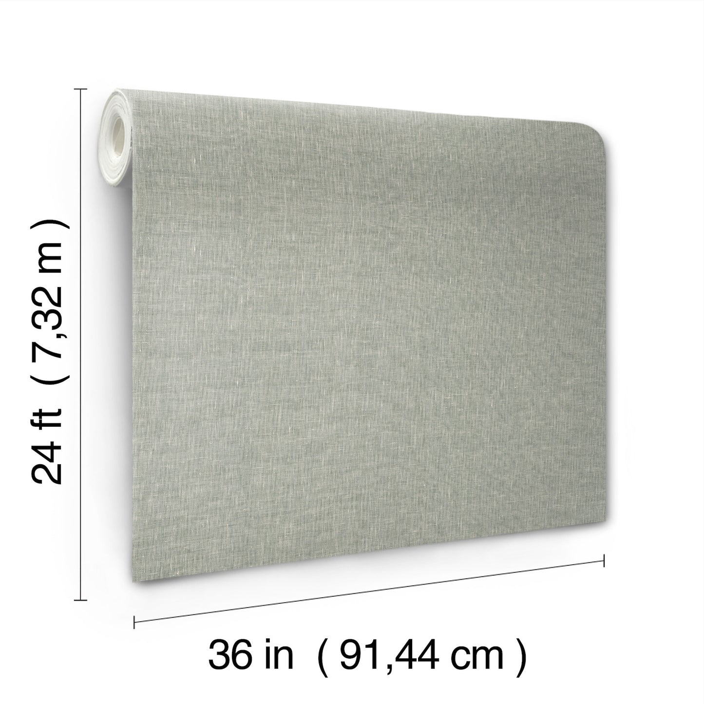 Neutral gray linen-textured wallpaper roll for wall covering; 36in wide, 24ft long, white core visible.