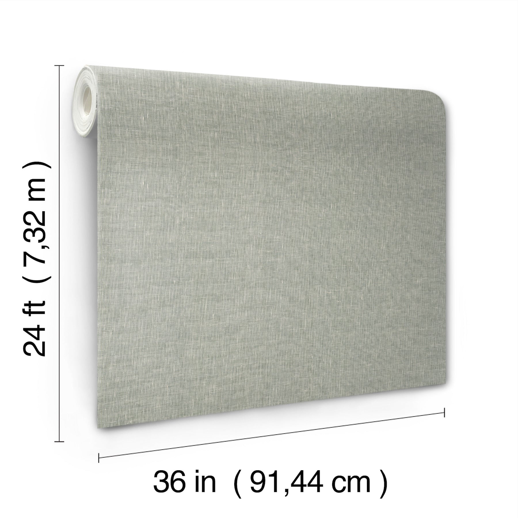 Neutral gray linen-textured wallpaper roll for wall covering; 36in wide, 24ft long, white core visible.