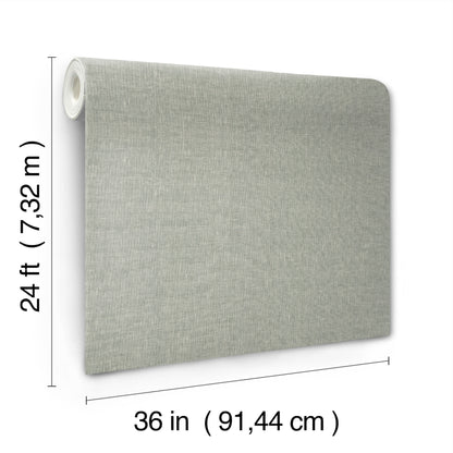 Neutral gray linen-textured wallpaper roll for wall covering; 36in wide, 24ft long, white core visible.