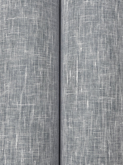 Close-up of blue linen-like wallpaper with a woven texture, white irregular threads and a subtle crosshatch.