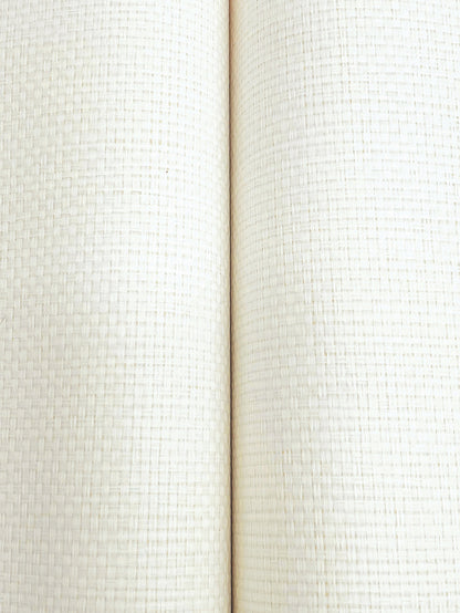 Bright white satin wallpaper with a woven texture, close-up detail.