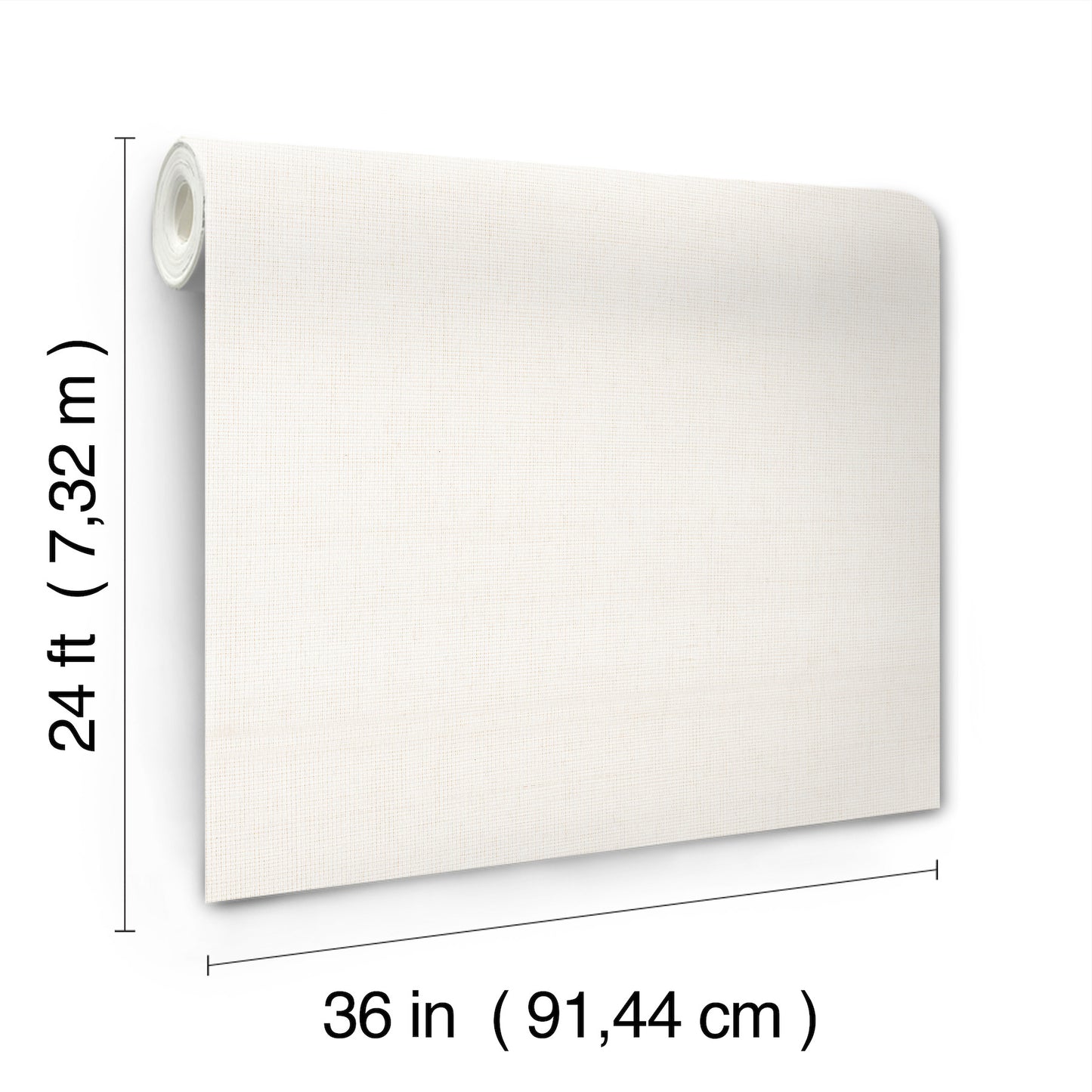 White textured wallpaper panel, rolled fabric look, 36 in wide by 24 ft long, roll edge visible.