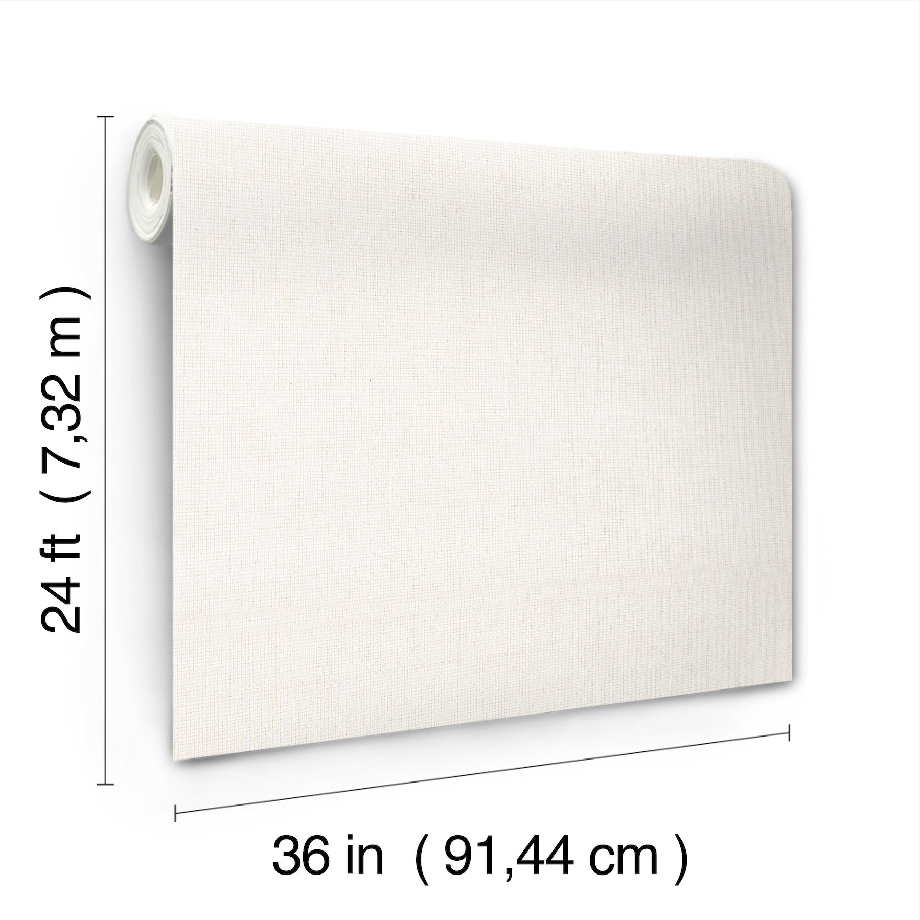 White textured wallpaper panel, rolled fabric look, 36 in wide by 24 ft long, roll edge visible.