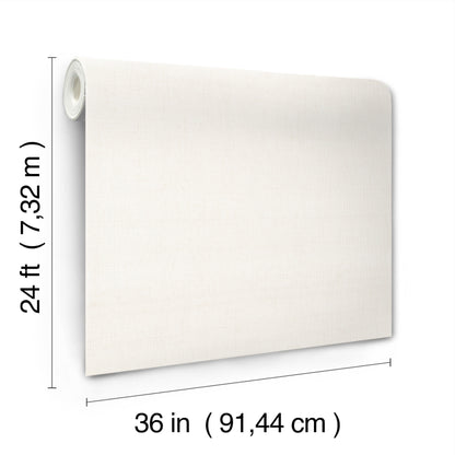 White textured wallpaper panel, rolled fabric look, 36 in wide by 24 ft long, roll edge visible.