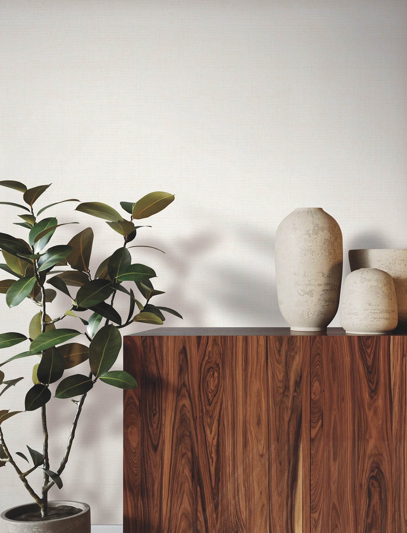 Bright white satin paperweave wallpaper on a wall, showing subtle woven texture.