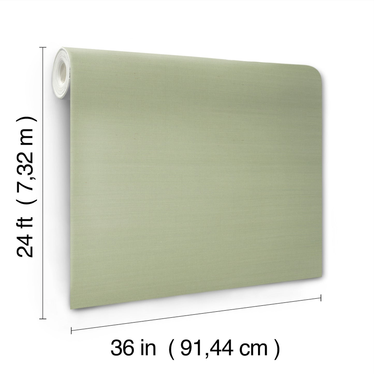 Green soft sage grasscloth wallpaper roll with a textured natural fiber look on white backing, 36 in wide by 24 ft long.