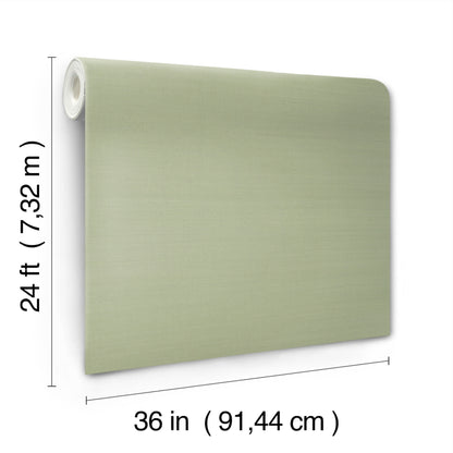 Green soft sage grasscloth wallpaper roll with a textured natural fiber look on white backing, 36 in wide by 24 ft long.
