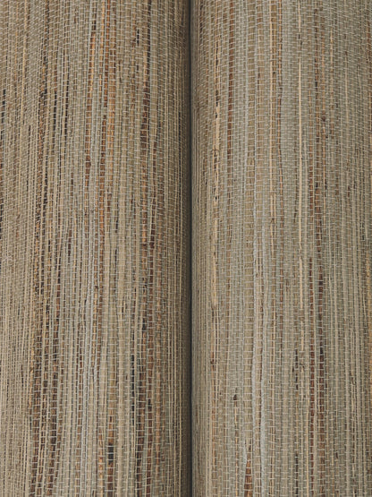 Beige and tan striped woven fabric close-up with natural fiber texture, two panels side by side.